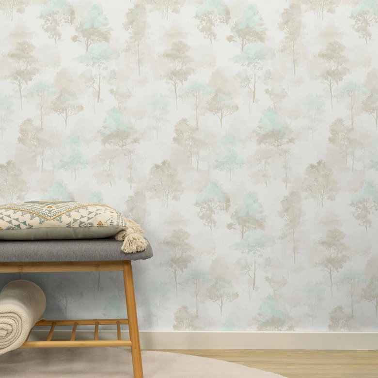 Vliestapete Aquarell Wald mit Bäumen in Mint Beige Creme skandinavisch 