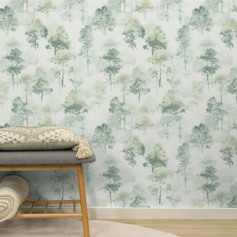 Vliestapete Aquarell Wald in Grün mit Bäumen moderne Natur Tapete aus Vlies 