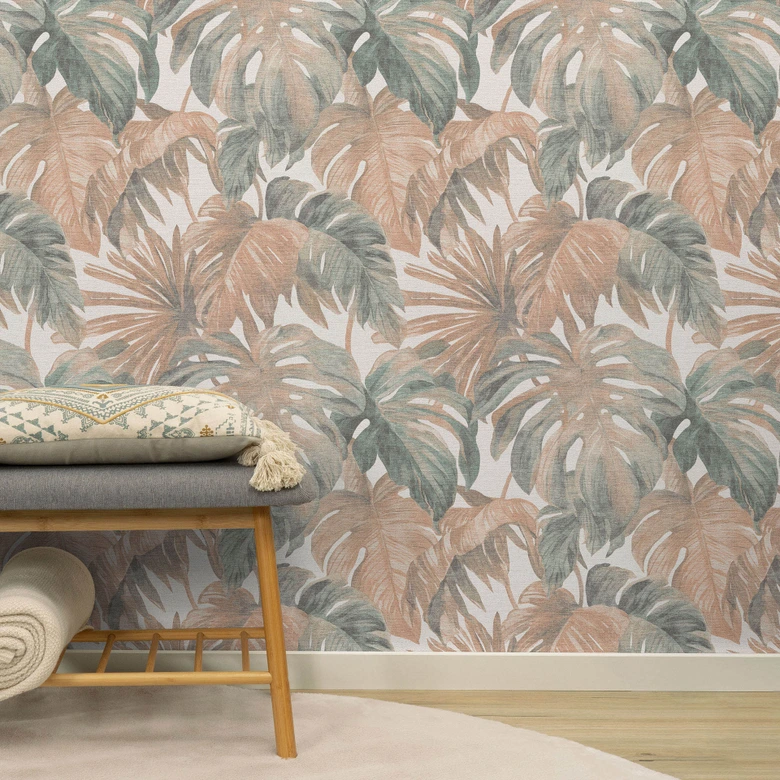 Tapete Vlies Blätter in Beige Blau Greige tropisch modern mit Monstera Look 