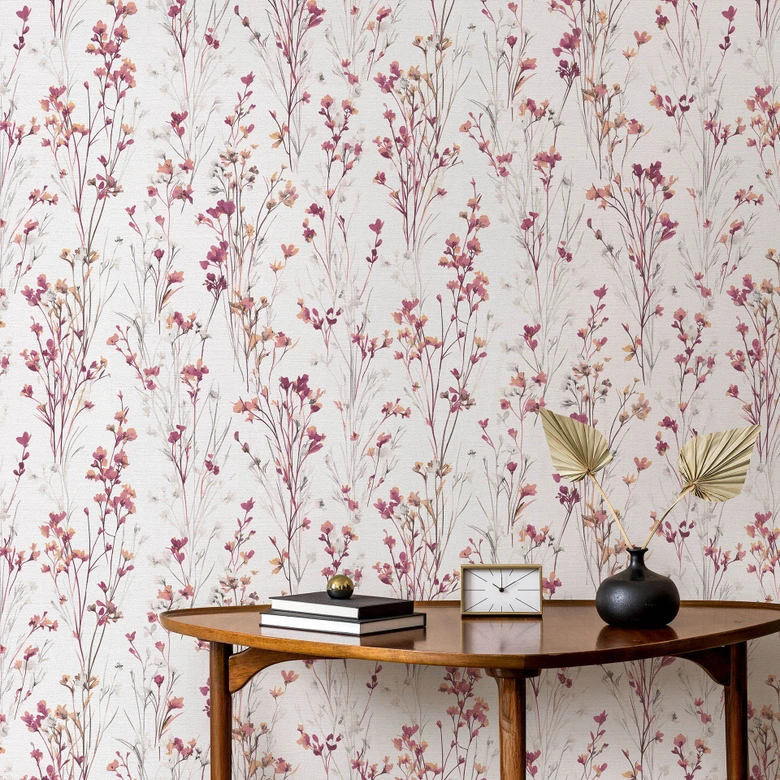 Tapete Vlies mit zarten Wiesenblumen in Rosa Weiß als florale Naturtapete 