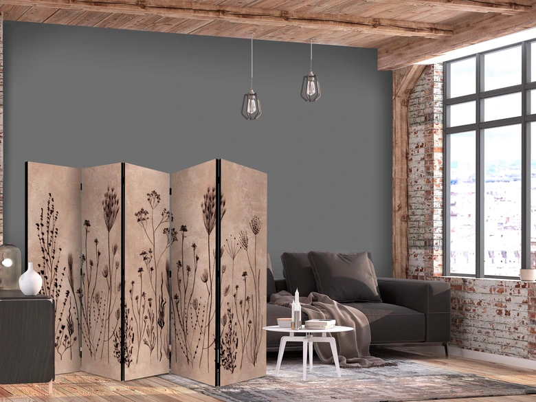 Paravent, Raumteiler freistehend, Trennwand - Plant Vintage in Lime Wash Technique 