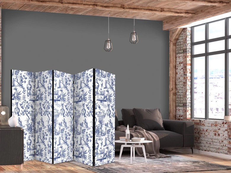 Paravent, Raumteiler freistehend, Trennwand - Rome and Botany - Blue Pattern with a Greek and Plant Motif 