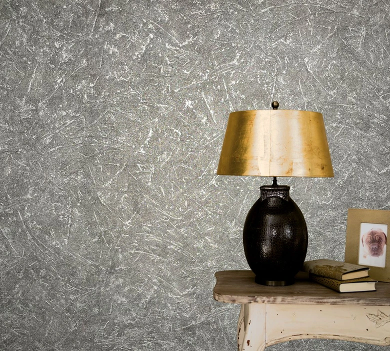 Papier peint intissé aspect essuyé anthracite, argent structuré 