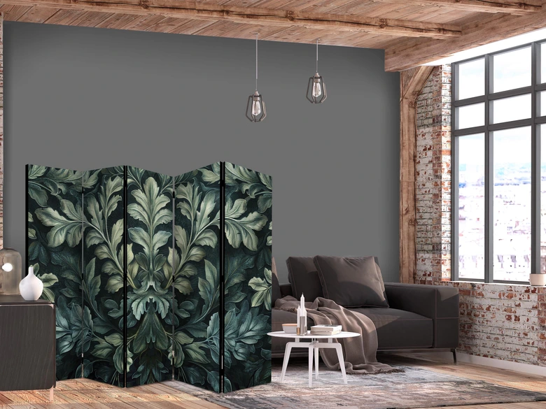 Paravent, Raumteiler freistehend, Trennwand - Dark Green Victorian Leaves - Botanical Carved Composition 