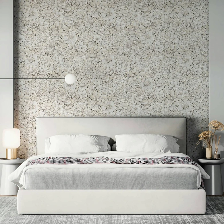 Vliestapete mit stark strukturiertem Blattmotiv greige Floral 