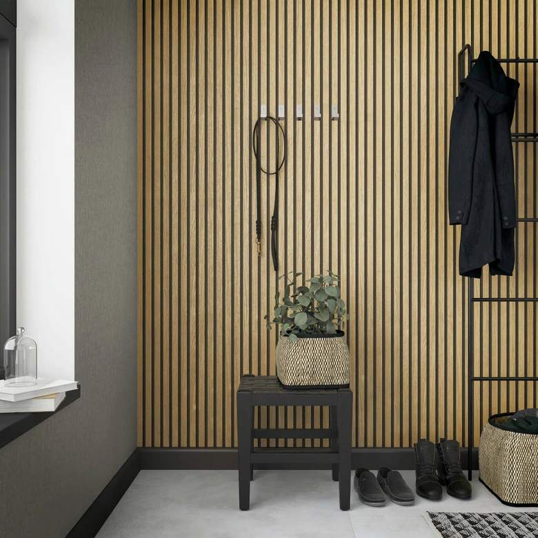 Vliestapete mit Akustikpaneele Optik und leichter Holzmaserung im Skandi Stil braun Streifen 