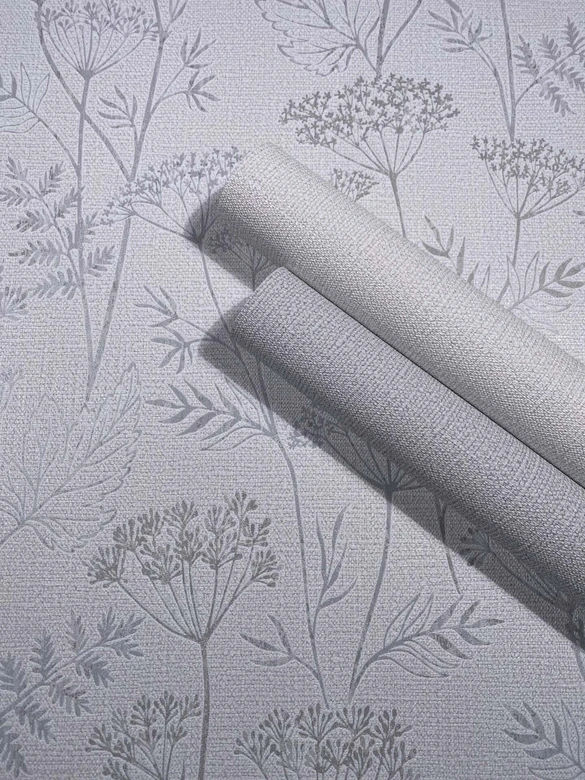 Papel pintado no tejido flores, hojas naturaleza floral en gris 