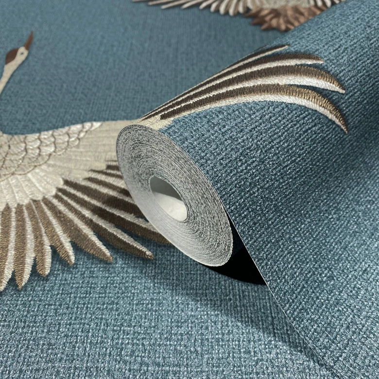 Vliestapete mit Kranichen blau, beige Grafisch 