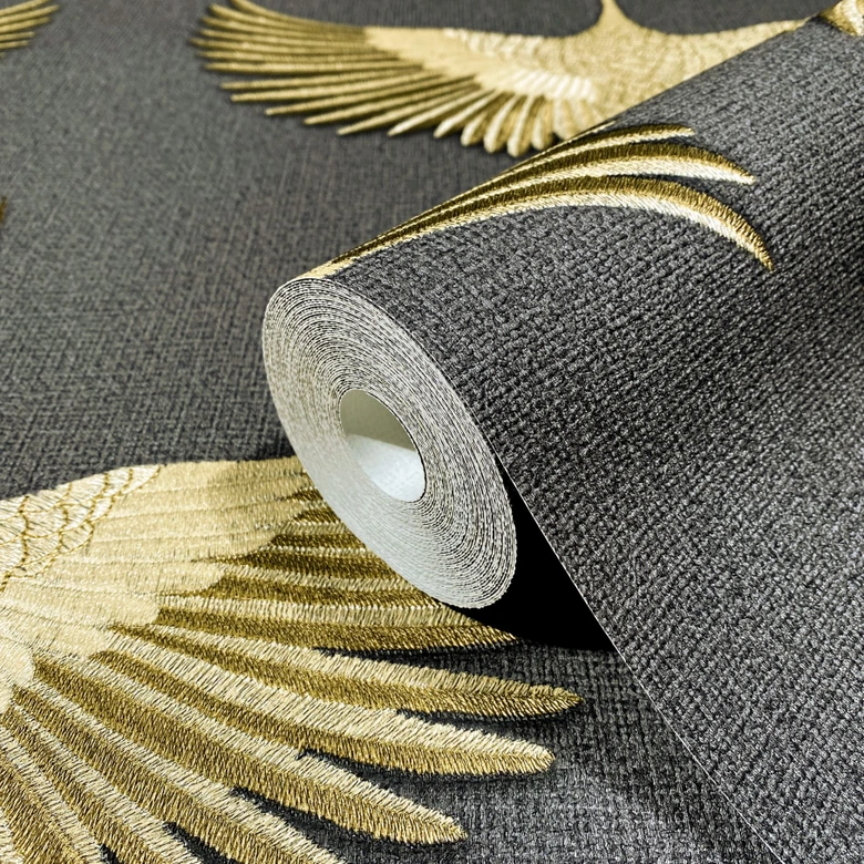 Vliestapete mit Kranichen schwarz, gold Grafisch 