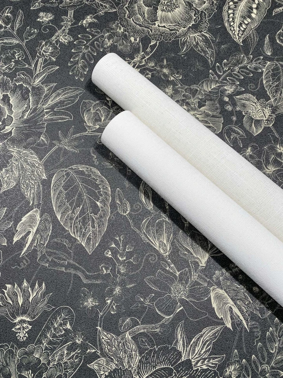 Non-woven wallpaper flowers, leaves floral nature matt in black  
