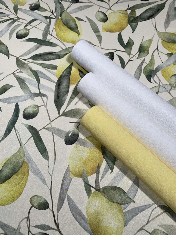 Vliestapete Zitronen, Blätter Floral Natur matt in Beige  