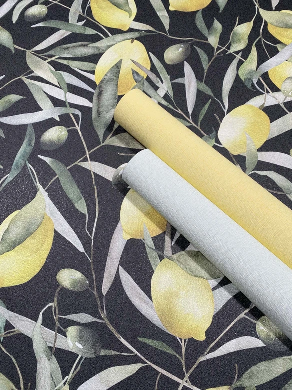 Vliestapete Zitronen, Blätter Floral Natur matt in Schwarz  