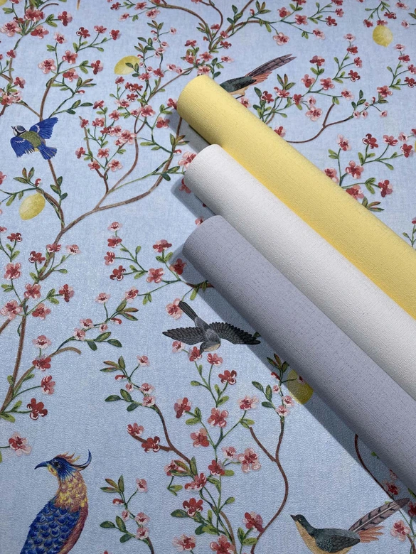 Vliesbehang vogels, bloemen bloemen natuur mat in blauw  