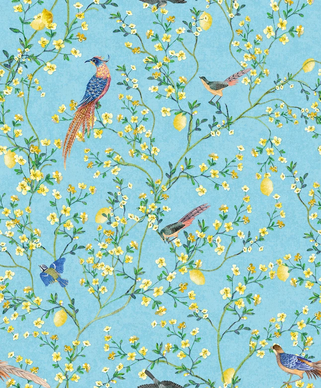Non-woven wallpaper birds, flowers floral nature matt in blue  