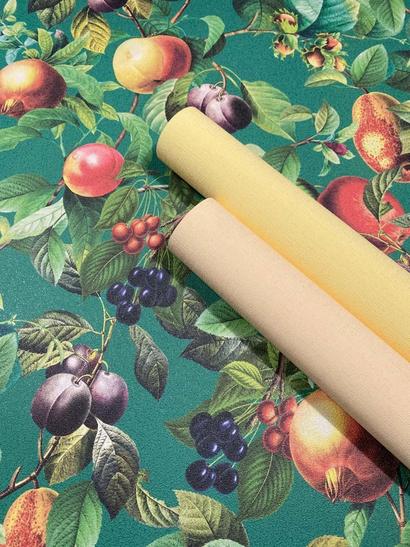 Papel pintado no tejido frutas, hojas naturaleza floral mate en verde  