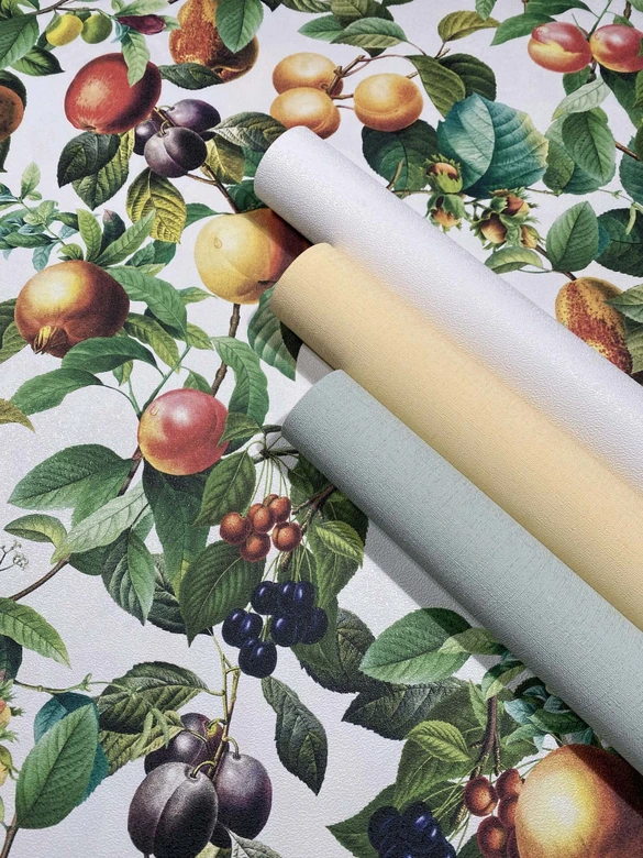 Papel pintado no tejido frutas, hojas naturaleza floral mate en negro  