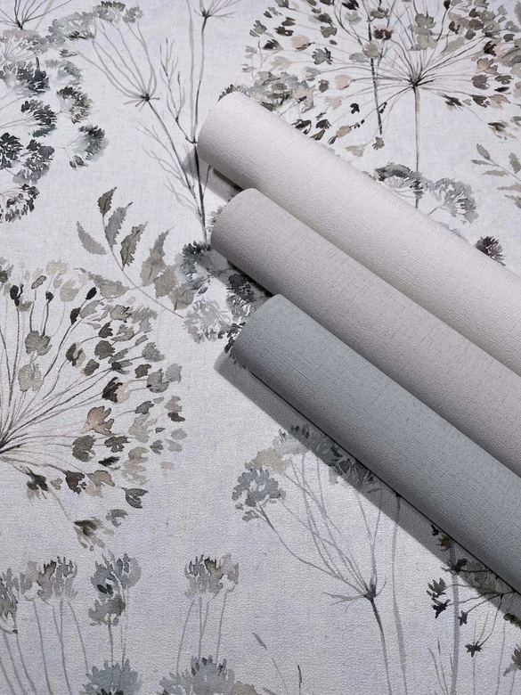 Icke-vävd tapet blommor, blad blommig natur matt i grått  