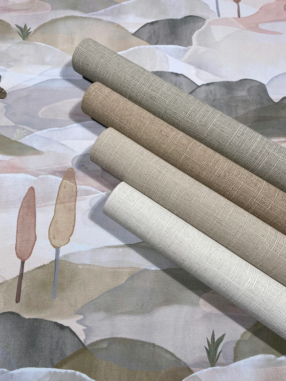 Papel pintado no tejido textil, liso texturado moderno mate en verde marrón 