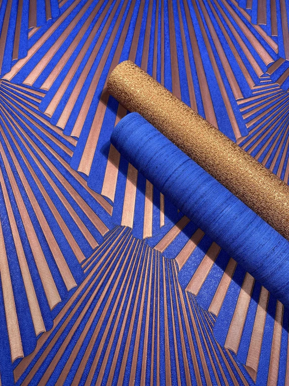 Non-woven wallpaper 3D look, stripes graphic geometric in blue  