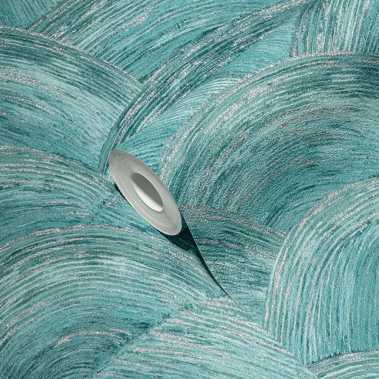 Papier peint design vagues bleu, argent - papier peint intissé moderne pour chambre à coucher, couloir, salon 