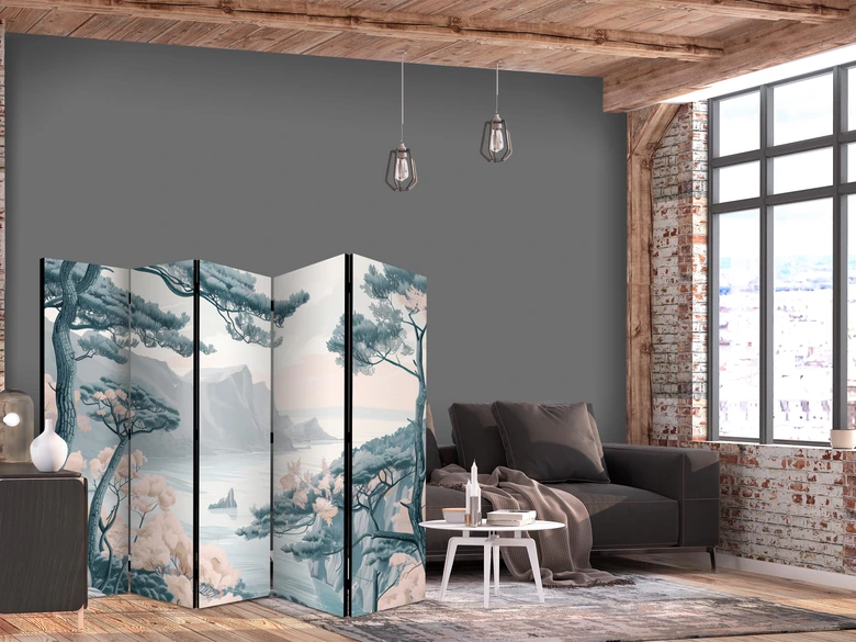 Paravent, Raumteiler freistehend, Trennwand - Mountainous Coast: Pastel Blues 