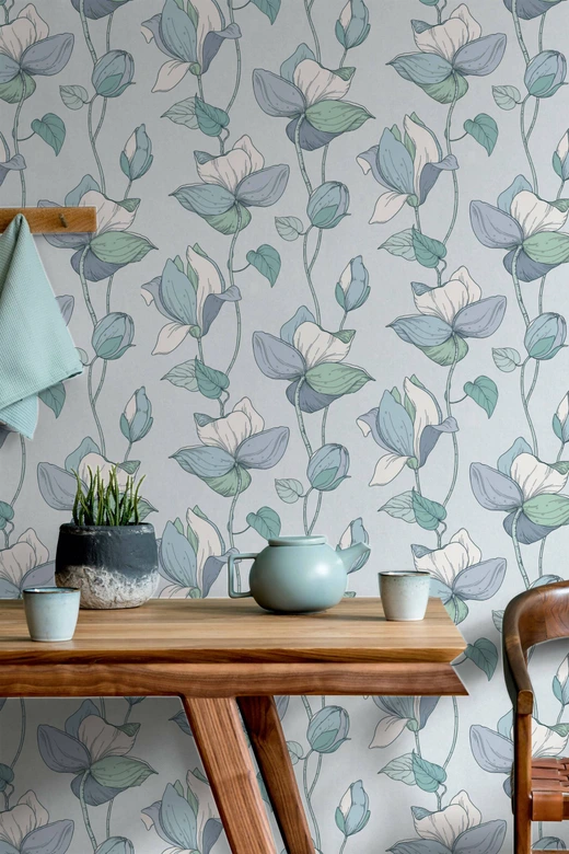 Vliestapete mit Comic-Blumen Look blau, grün Floral 
