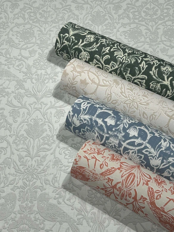 Papel pintado no tejido pájaros, flores naturaleza floral en blanco 