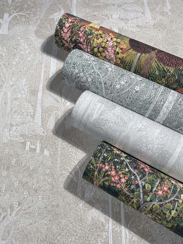 Papel pintado no tejido bosque, árboles naturaleza floral en beige 