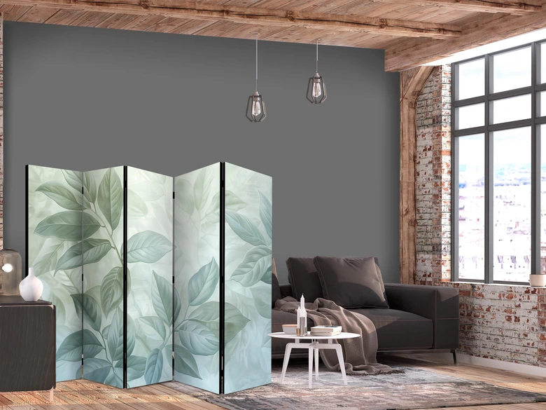 Paravent, Raumteiler freistehend, Trennwand - Large Leaves in Green-Mint Shades - Botanical Motif 