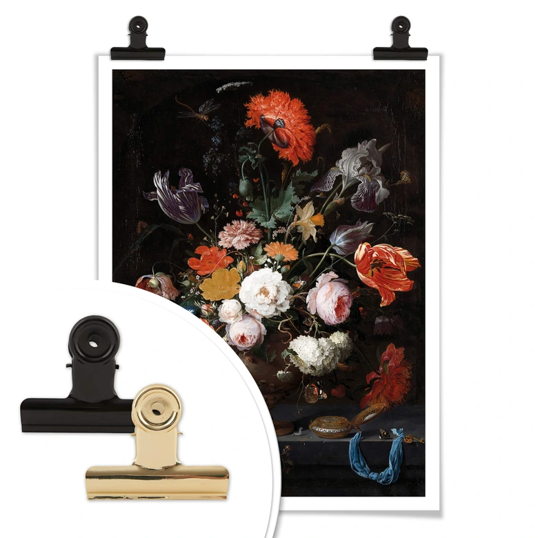 Póster Mignon - Bodegón con flores y reloj 