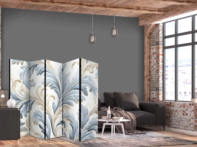 Paravent, Raumteiler freistehend, Trennwand - Baroque Ornaments in Light Creamy Blue Colors 