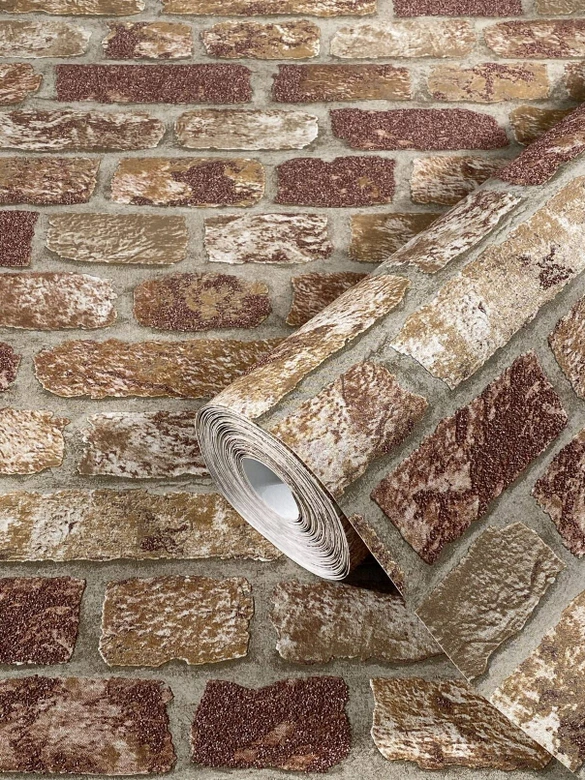 Behang met Stenen Effect, vliesbehang bruin, beige  