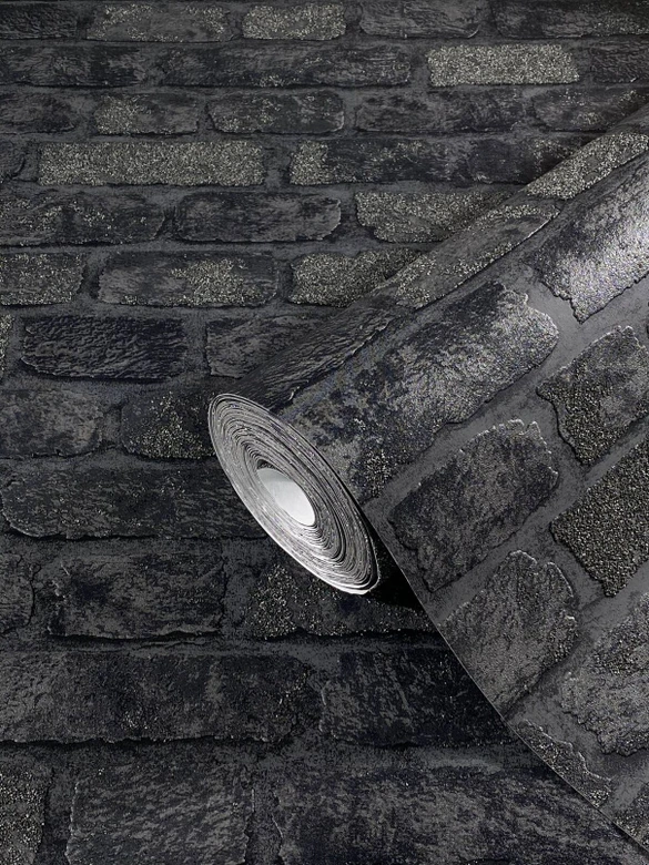 Behang met Stenen Effect, vliesbehang zwart 