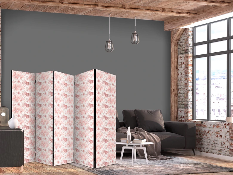 Paravent, Raumteiler freistehend, Trennwand - Pink Blossoming - Warm Floral White 