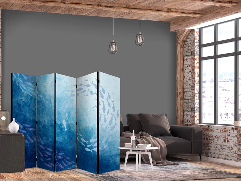 Paravent, Raumteiler freistehend, Trennwand - Luminous Clusters of Fish in Blue Hues Amidst the Sea Depths 