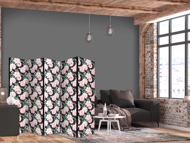 Paravent, Raumteiler freistehend, Trennwand - Peonies - Pink Floral Graphite 