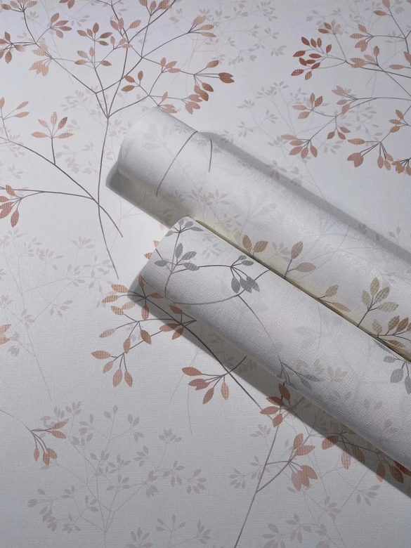 Tapeta z włókniny liście kwiatowe natura matowa w kolorze biało-beżowym 