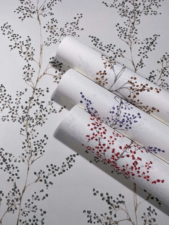 Vliestapete Blätter, Äste Floral Natur matt in Weiß Lila 