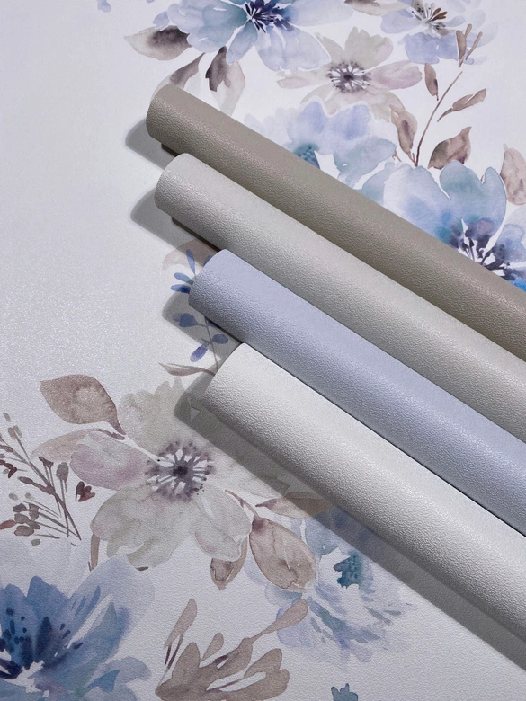 Icke-vävd tapet blommor blommig natur, romantisk matt i vitt blått 