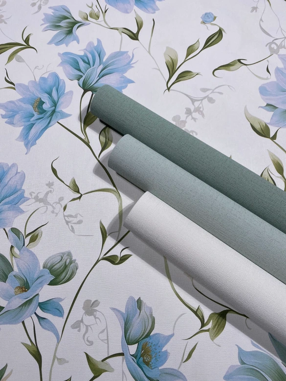 Vliestapete Blumen, Blätter Floral Natur matt in Weiß Grün Blau 