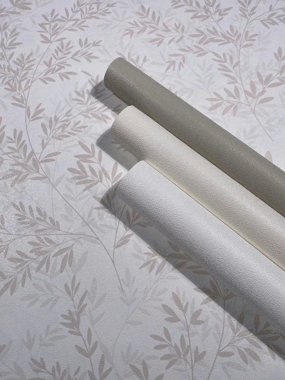 Icke-vävd tapet blad blommor natur matt i vit beige 