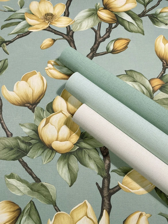 Vliestapete Äste, Blumen Floral Natur matt in Grün Gelb 