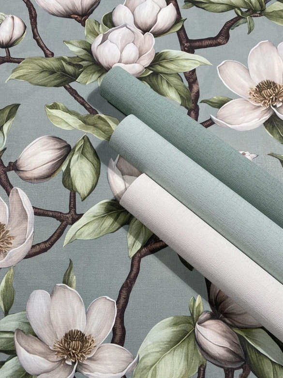 Vliestapete Äste, Blumen Floral Natur matt in Grün Weiß 