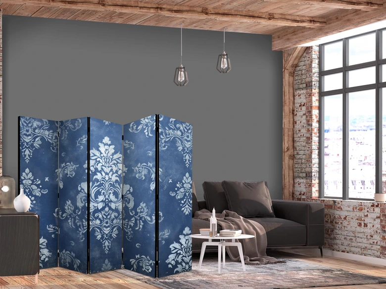 Paravent, Raumteiler freistehend, Trennwand - Retro Ornament - Decorative Motif in Rubbed Blues 