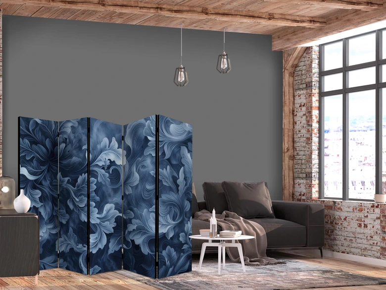 Paravent, Raumteiler freistehend, Trennwand - Abstract Ornaments - Dark Blue Victorian Leaves 