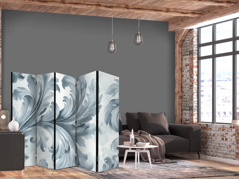 Paravent, Raumteiler freistehend, Trennwand - Stone Baroque Ornaments in Light Shades of Gray and Blue 