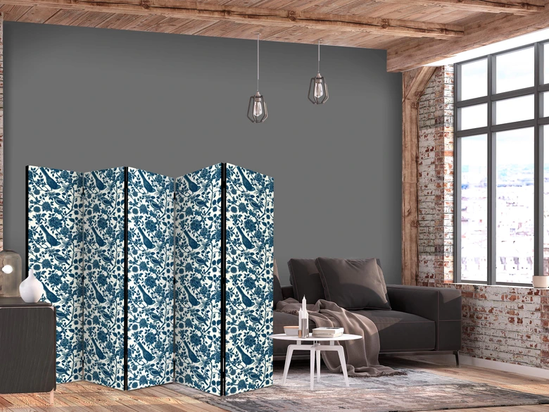 Paravent, Raumteiler freistehend, Trennwand - Rose Vines - Monochromatic Blue Birds Resting Among Roses 