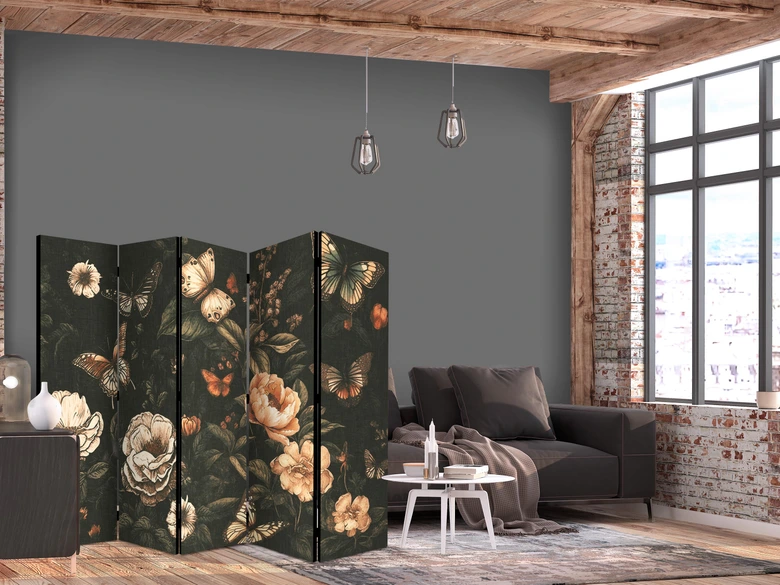 Paravent, Raumteiler freistehend, Trennwand - Mysterious Garden - Rustic Butterflies 