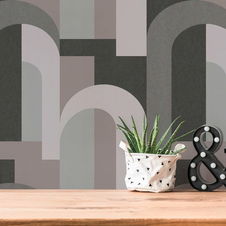 Art deco grafisk tapet grå sort - fleece tapet med retro mønster 