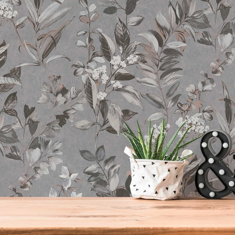 Papier peint fleurs gris blanc - papier peint intissé fleurs style aquarelle 